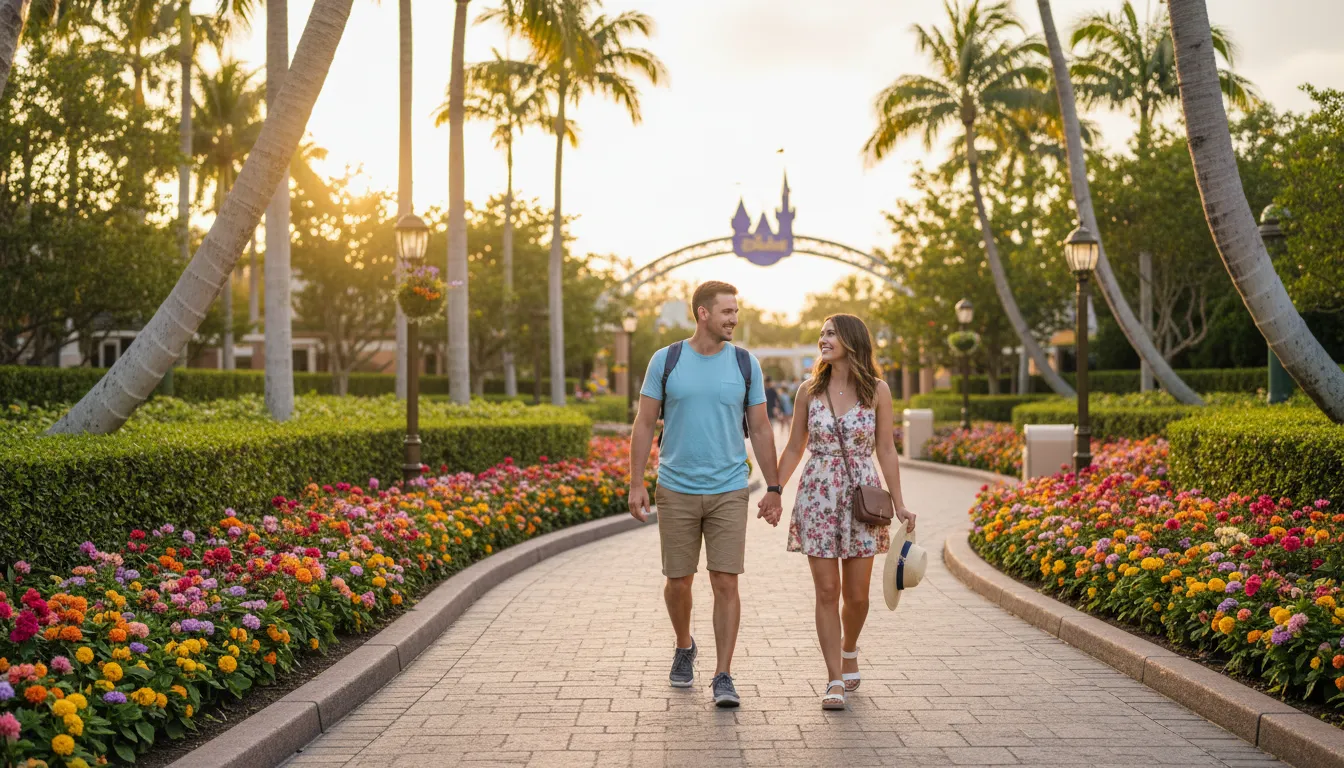 Casal jovem relaxado em resort da Disney, viagem sem estresse.