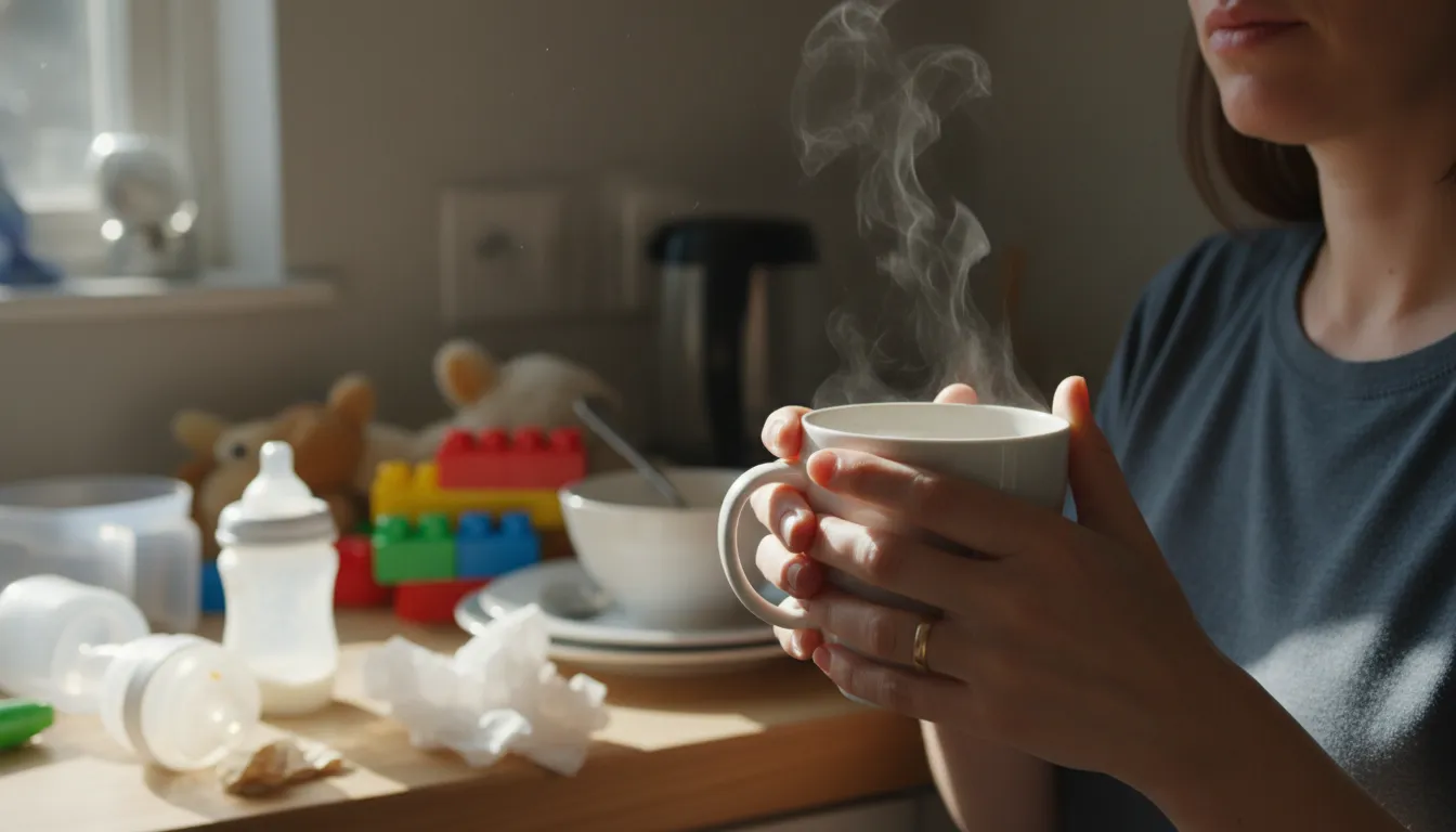 Maternidade: mãos seguram café, cozinha bagunçada ao fundo, simbolizando a rotina exaustiva da maternidade real.