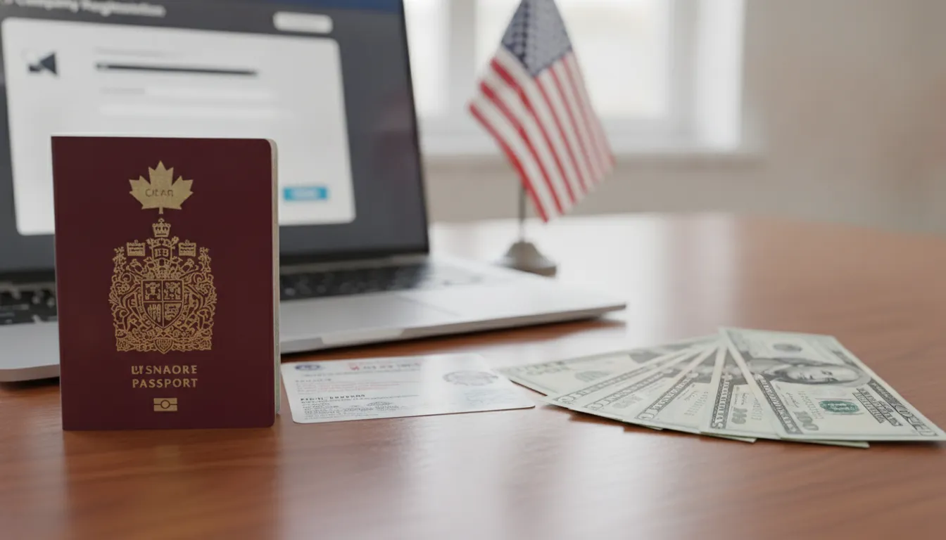 Passaporte canadense, visto americano e dólares, representando passos para abrir empresa nos EUA sendo canadense.