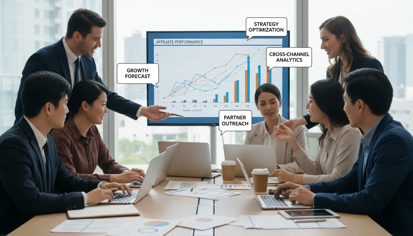 Equipe discute estratégias de afiliados financeiros diante de gráficos de desempenho em tela grande