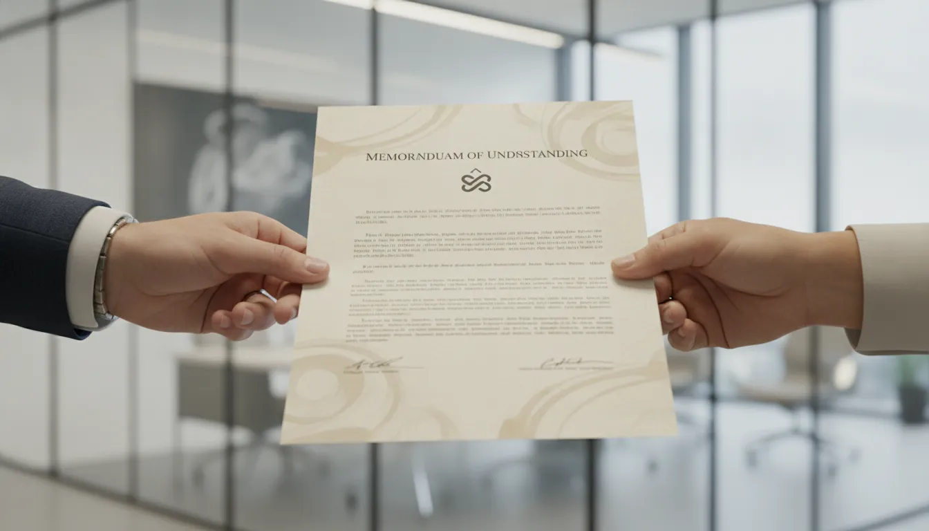 Hands exchanging a signed MOU document, symbolizing M&A in Brazil legal agreement and international collaboration.