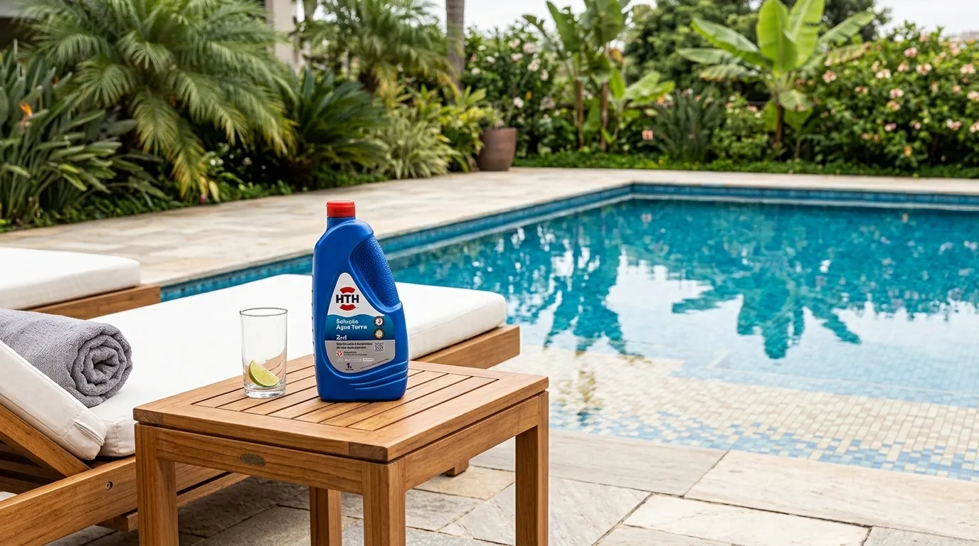 Área de lazer com água tratada e clarificante piscina Equibombas na mesa de apoio.
