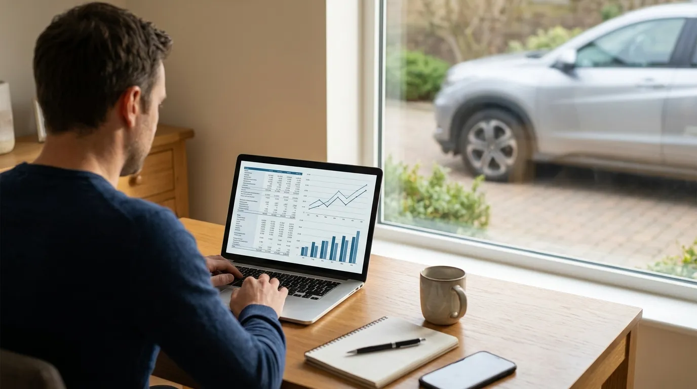 Planejamento para calcular o valor do refinanciamento de veículo financiado em um notebook sobre a mesa.