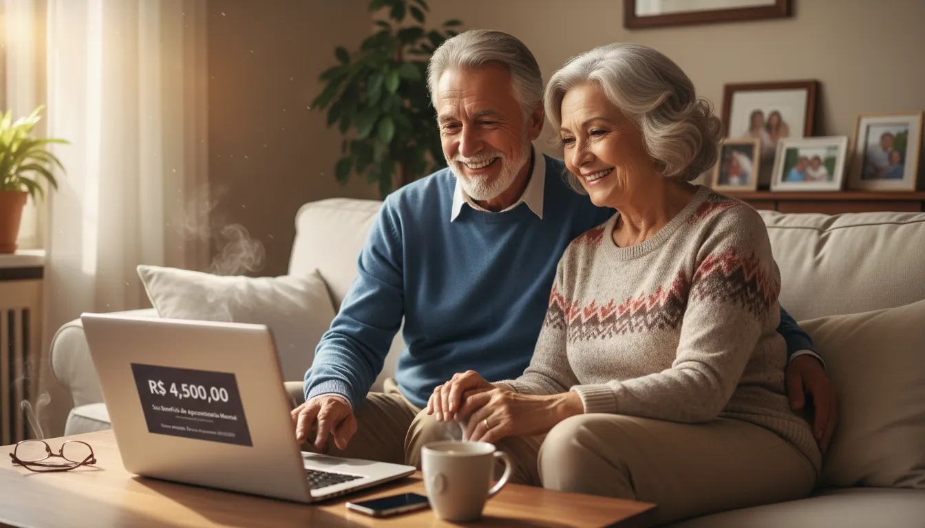 Casal maduro consultando valor de aposentadoria online em clima de satisfação em casa.