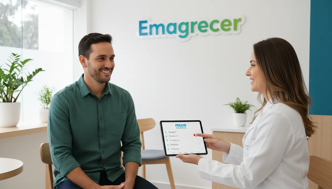 Nutricionista mostrando lista de suplementos para emagrecer em um tablet, com o logo 'Move Saudável' visível em uma clínica moderna e iluminada.