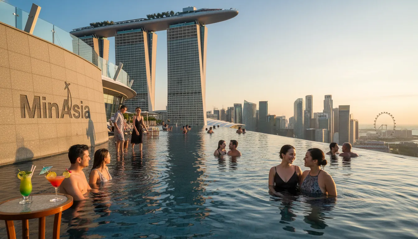 Close-up da piscina infinita do Marina Bay Sands com pessoas aproveitando a vista deslumbrante da cidade.