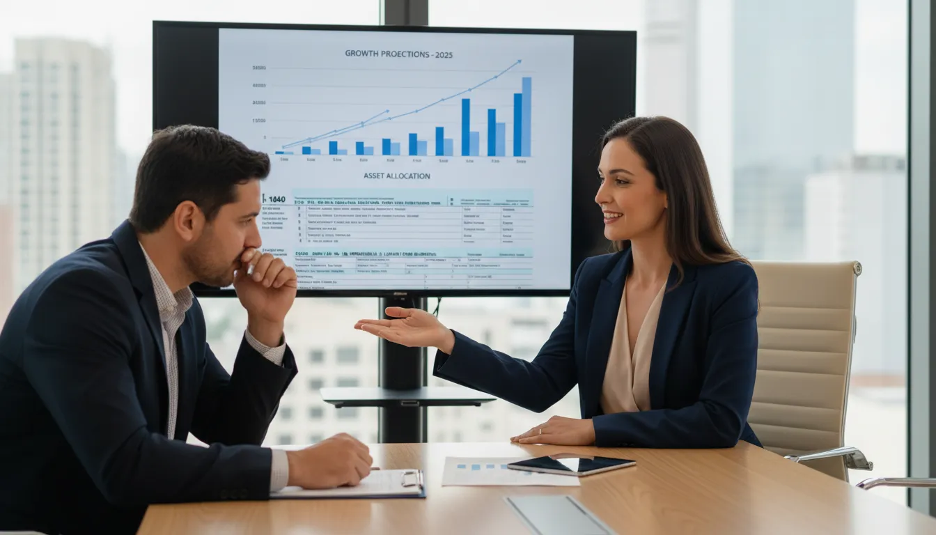 Consultor tributário orientando empresário brasileiro com gráficos e formulários fiscais em escritório americano moderno.