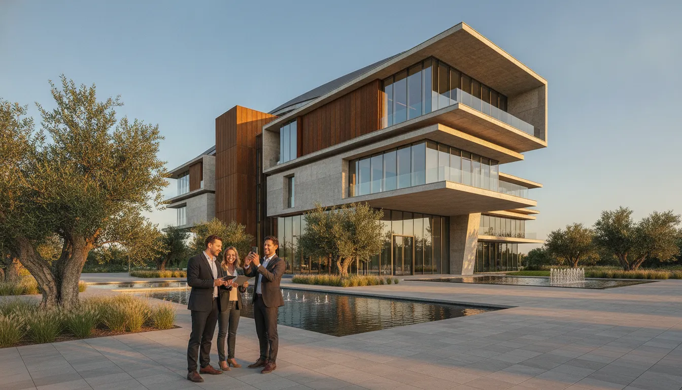 Novo edifício moderno, resultado de projeto bem-sucedido com crédito para escritório de arquitetura.