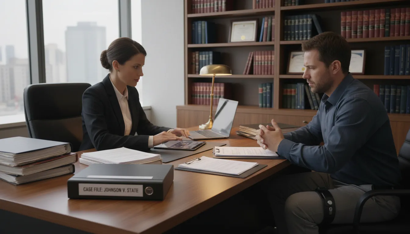 Advogado orientando cliente com tornozeleira eletrônica, simbolizando suporte jurídico especializado.