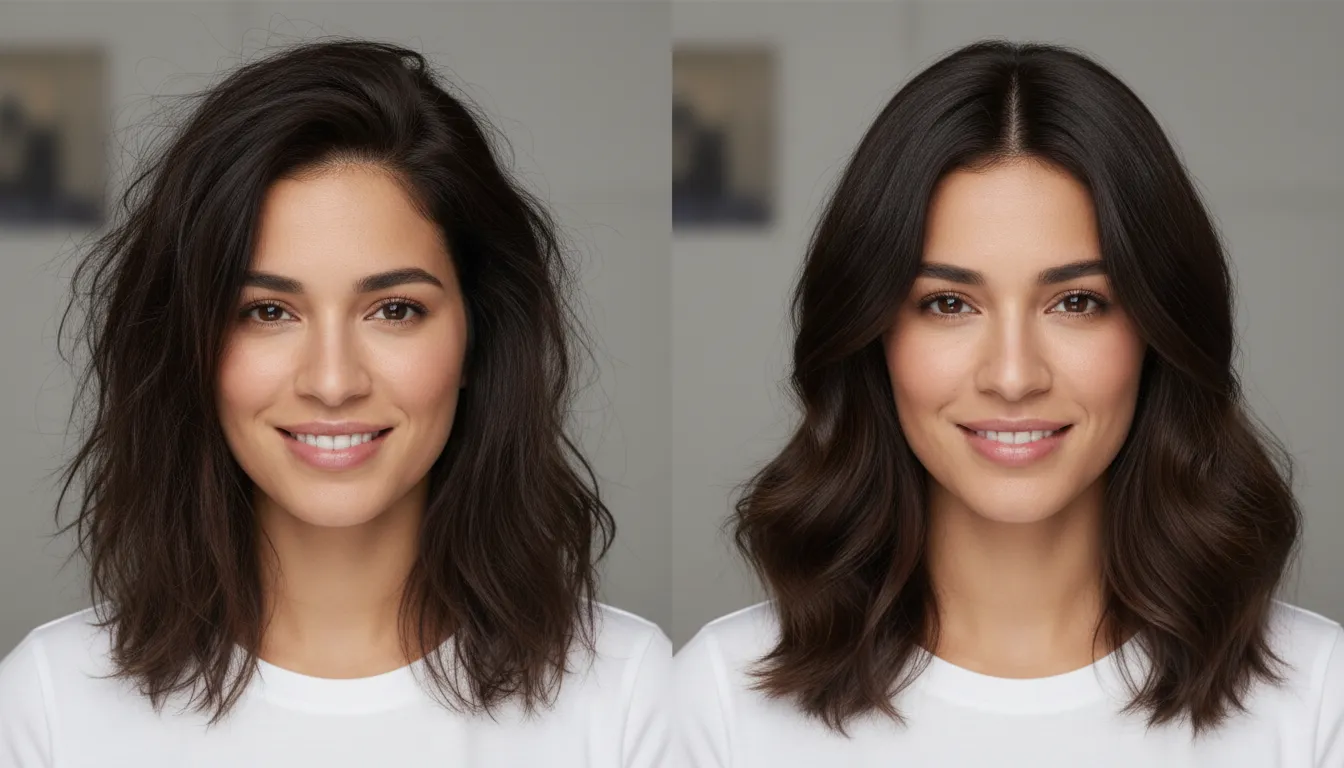 Comparativo do cabelo antes e depois do day after cabelo, mostrando a revitalização com técnicas simples.