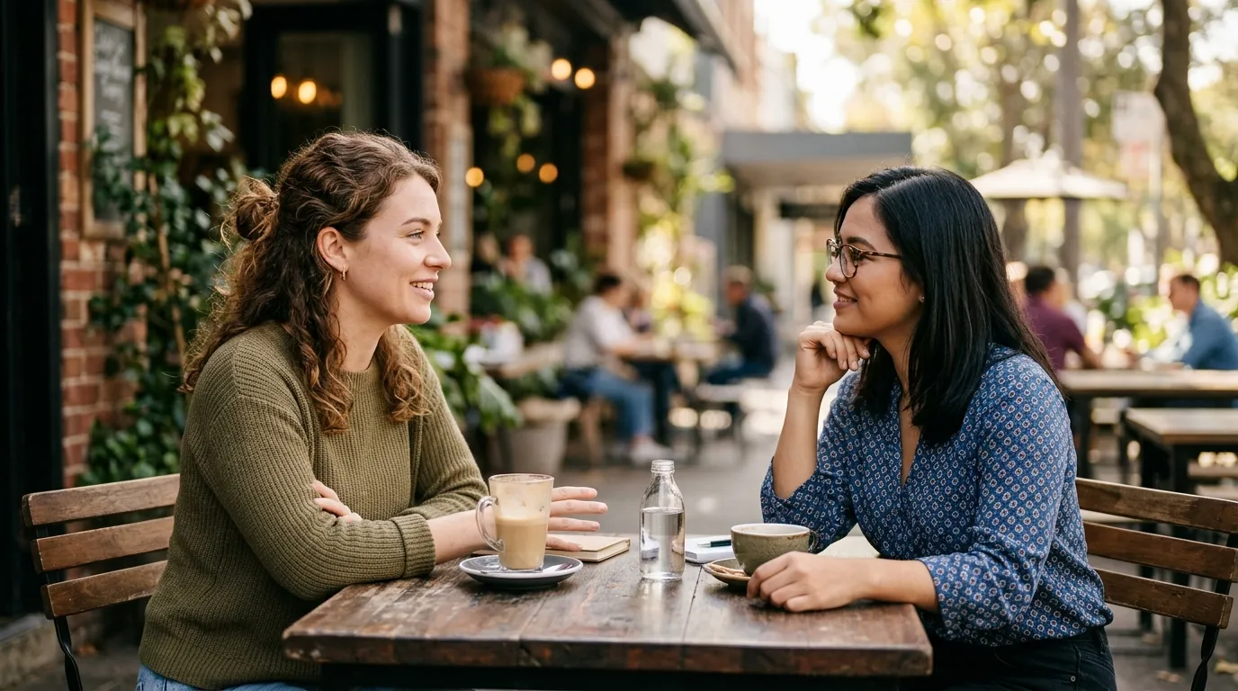 Amigos conversando em cafe ilustrando limites e relacionamentos saudáveis com comunicação clara.