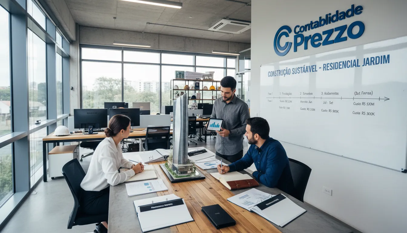 Escritório moderno de uma construtora, com modelos arquitetônicos e relatórios financeiros, representando a Contabilidade para Construção Civil.