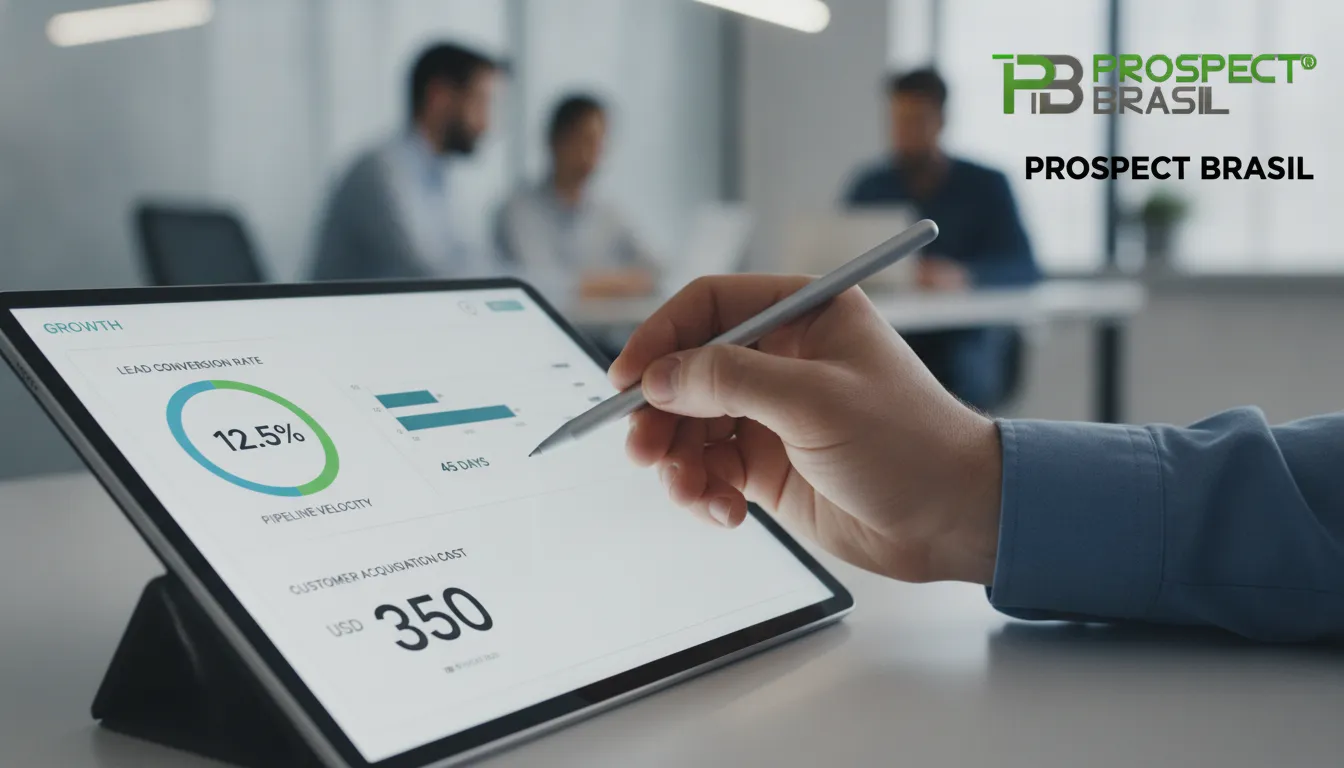 Mão profissional interage com tablet exibindo dashboard B2B de vendas, focado em dados e eficiência.