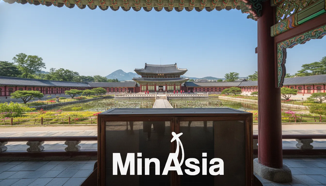 Vista serena do Palácio Gyeongbokgung em Seul Coreia do Sul, cercado por jardins e arquitetura tradicional.
