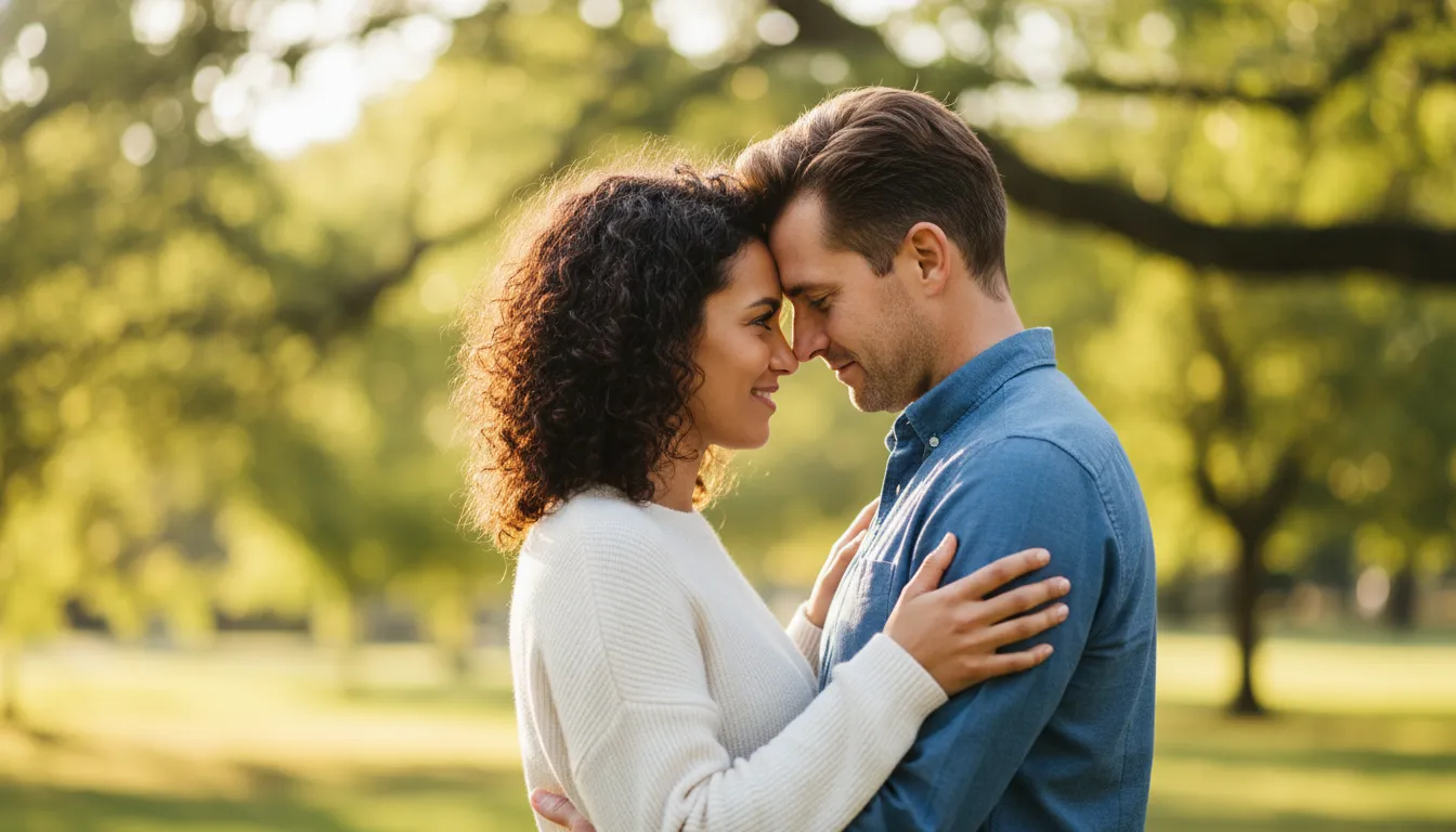 Casal abraçado em parque, sorrindo, após reconstruir a conexão. A terapia de casal pode levar a essa felicidade.
