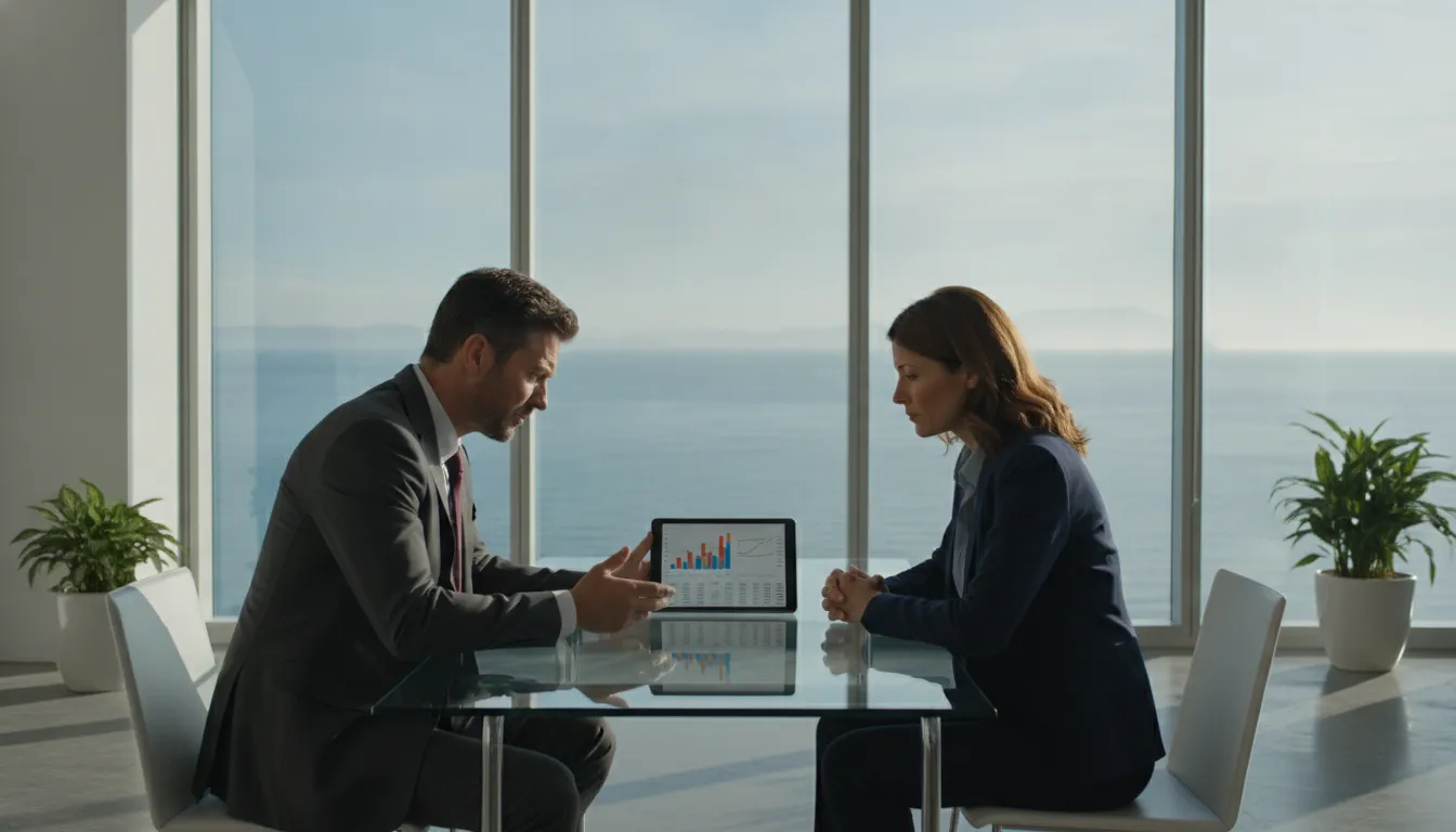 Consultores discutem estratégias para offshore declarar receita federal Brasil, com vista para o mar. Prezzo Consulting.