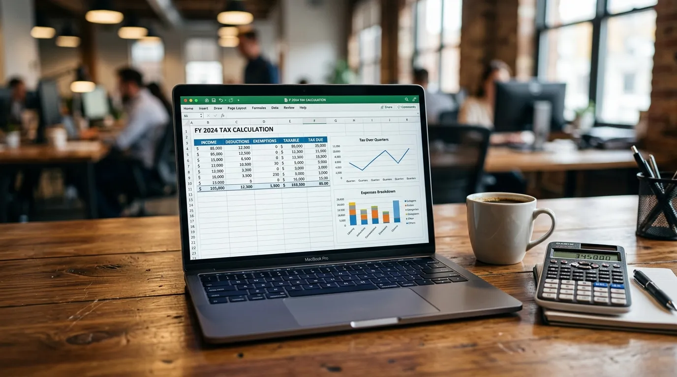 Planilha de cálculo sobre difal simples nacional exibida em tela de notebook sobre mesa de madeira.
