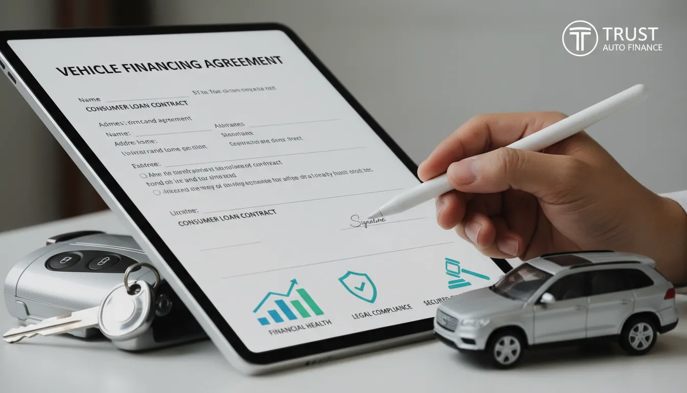 Assinatura de contrato de financiamento de veículo com atenção a detalhes legais e segurança ao consumidor.
