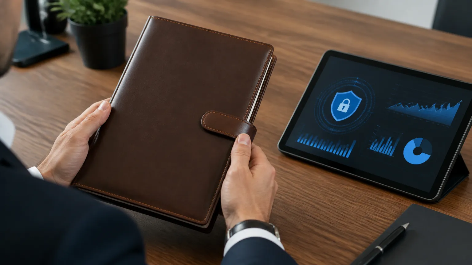 Manual com normas do código de conduta e ética empresarial sobre mesa de escritório.