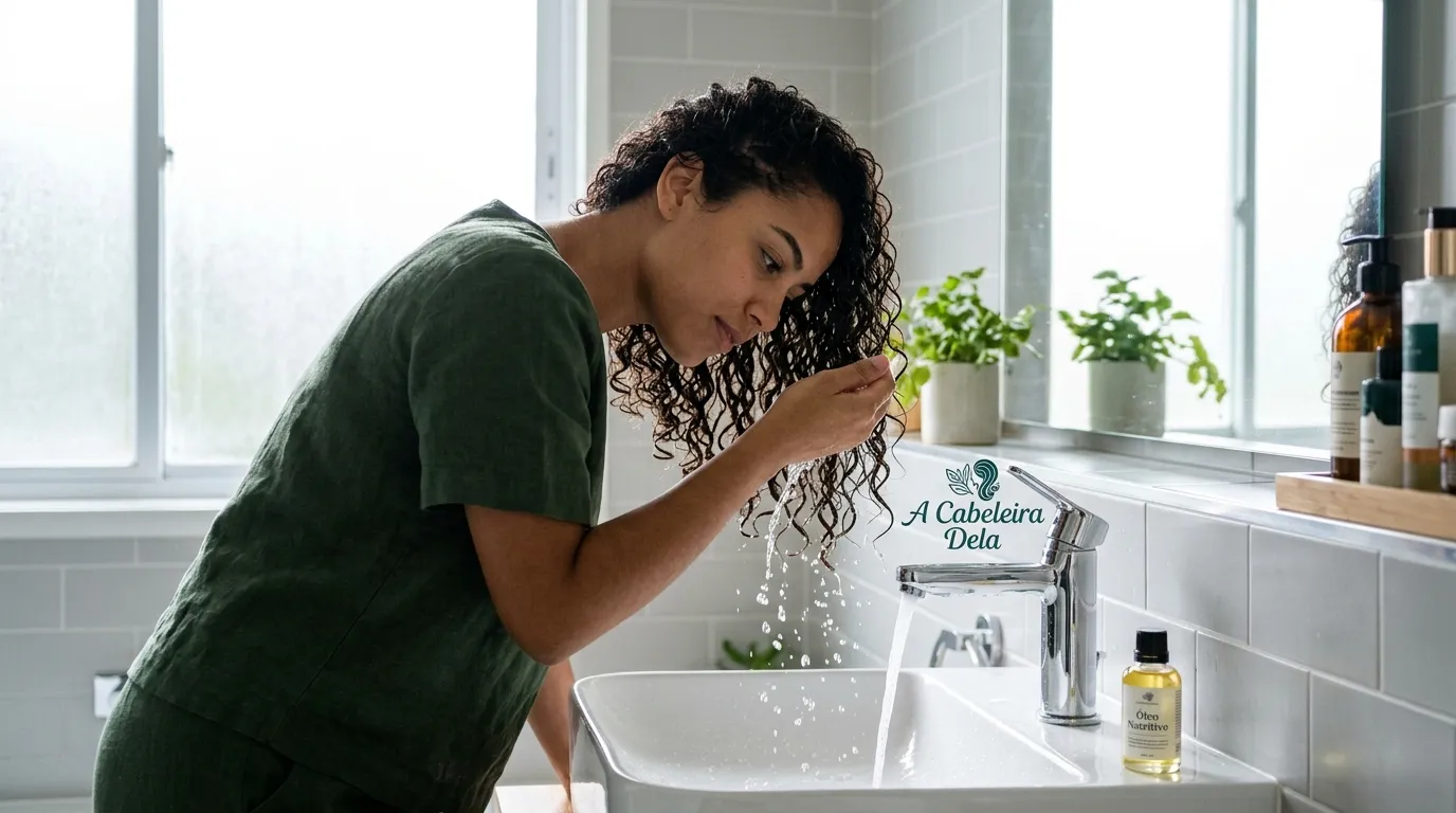 Mulher enxaguando cachos com água fria após evitar água quente cabelo no banho.