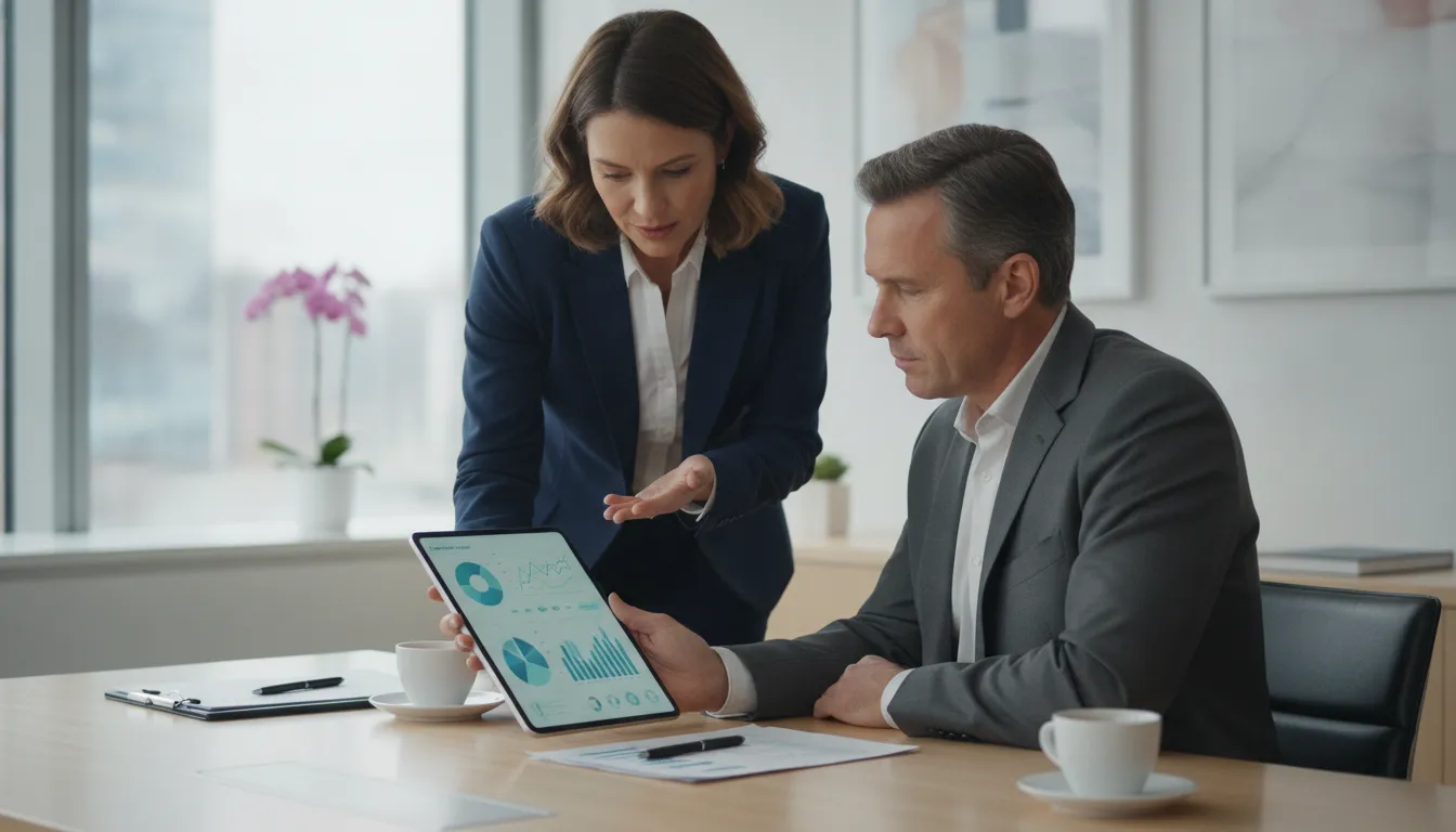 Consultor financeiro auxiliando cliente, destacando como ganhar dinheiro com indicação financeira e expertise.