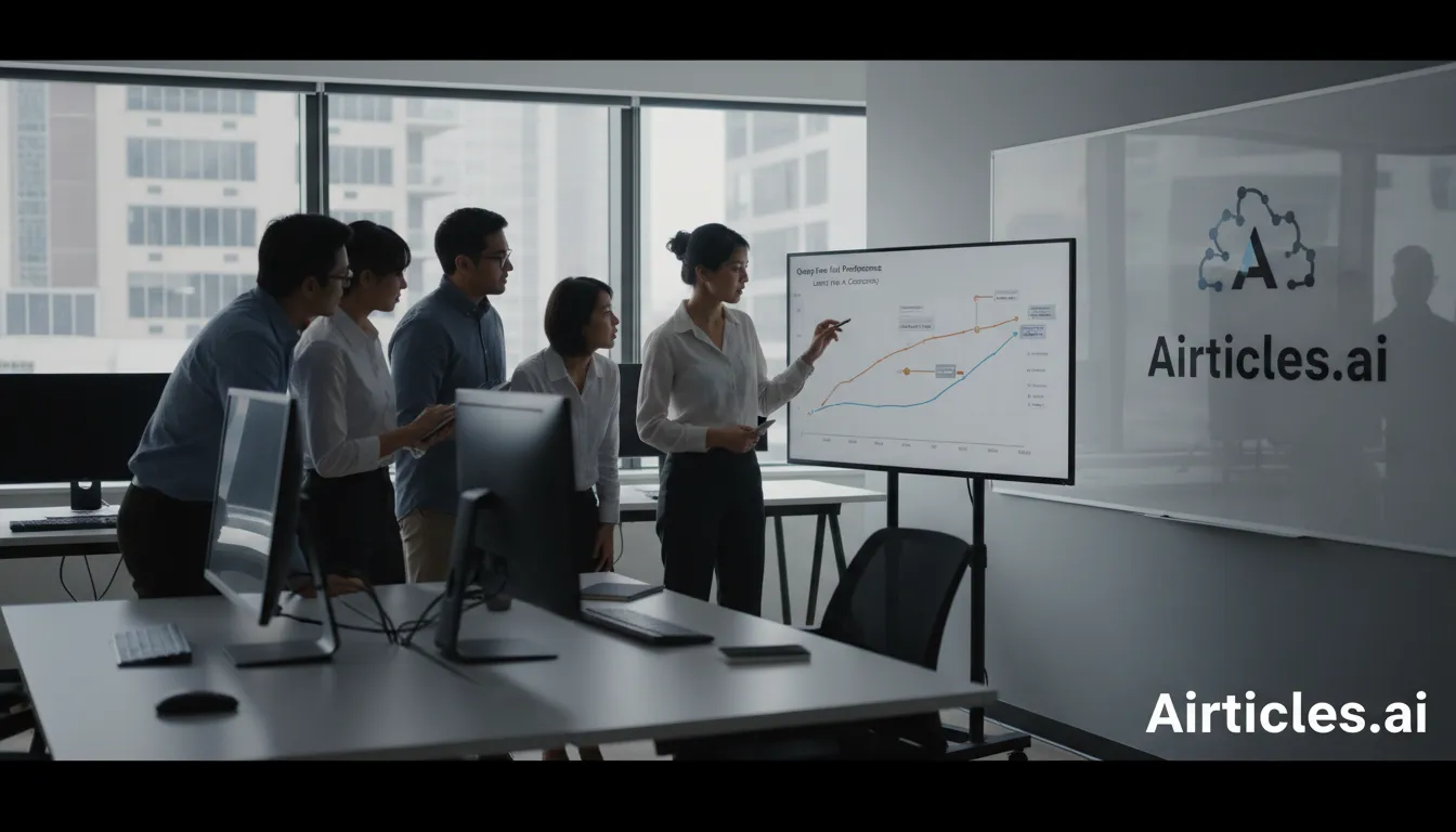 Cena de cientistas de dados analisando o desempenho do 'What is Query' fan-out em uma tela, destacando a solução da Airticles.ai para busca por IA.