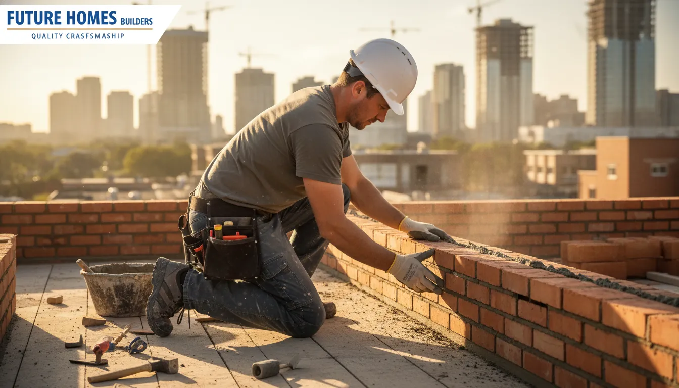 Trabalhador da construção assentando tijolos em obra residencial, representando ampliação e finalização da casa