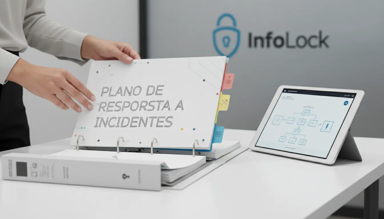 Mãos organizando um plano de resposta a incidentes detalhado, com seções de detecção e recuperação claras.