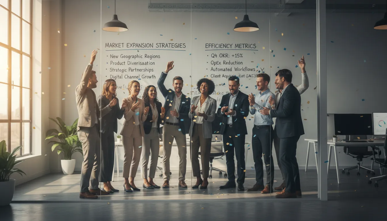 Equipe comemorando estratégias de expansão de mercado e eficiência operacional em escritório moderno.
