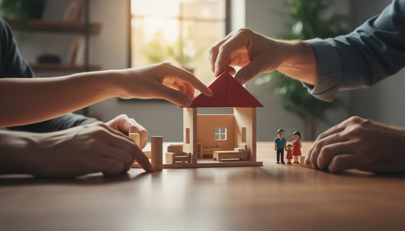 Mãos construindo casa de blocos, representando colaboração na composição renda financiamento para o lar.