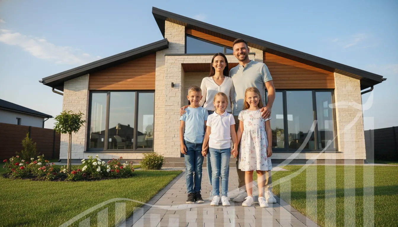 Família feliz em frente à casa nova, simbolizando sucesso com crédito longo prazo e planejamento financeiro.