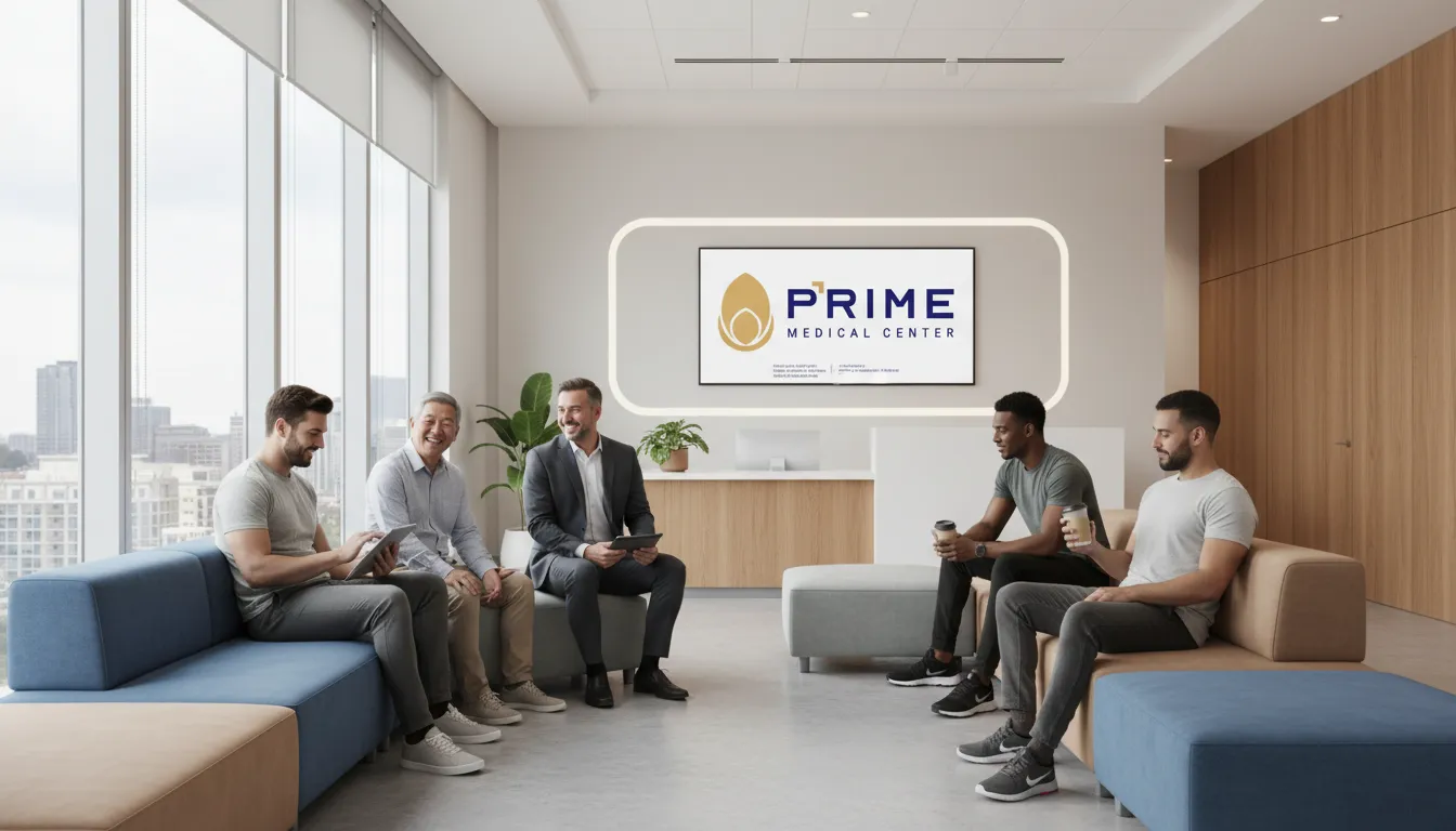 Homens diversos aguardam atendimento na Prime Medical, refletindo a acessibilidade das ondas de choque para disfunção erétil.