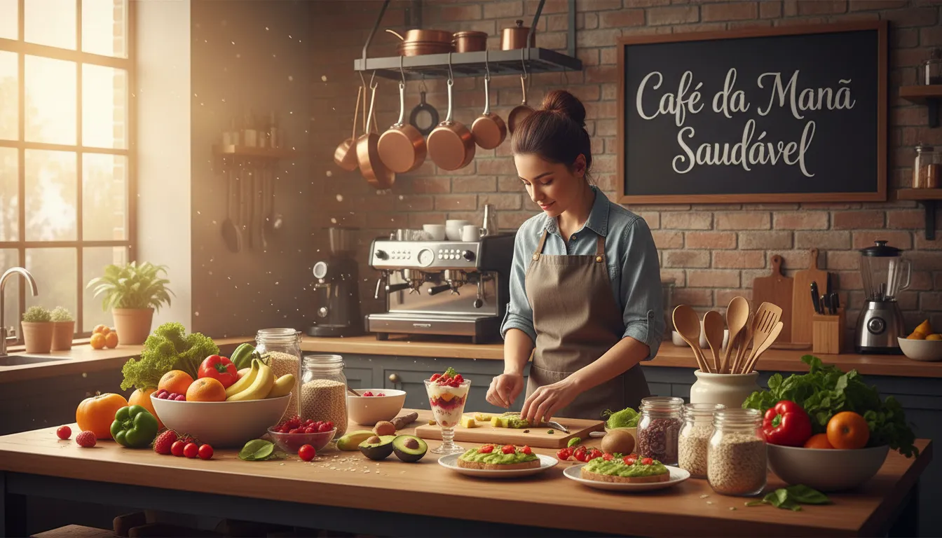 Cozinha movimentada com uma pessoa preparando um café da manhã saudável.