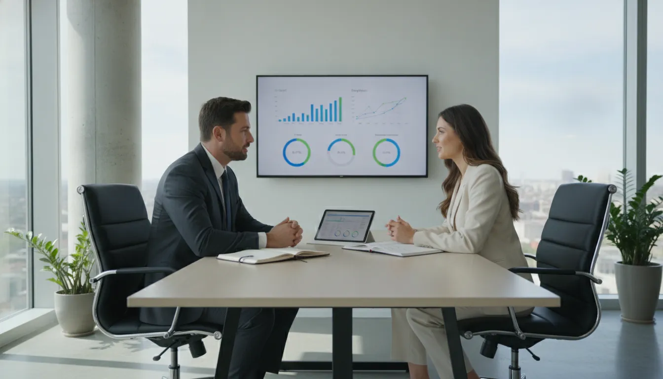 Empresário e consultora Prezzo discutem finanças em escritório, com dashboard visível, ilustrando bookkeeping construção.