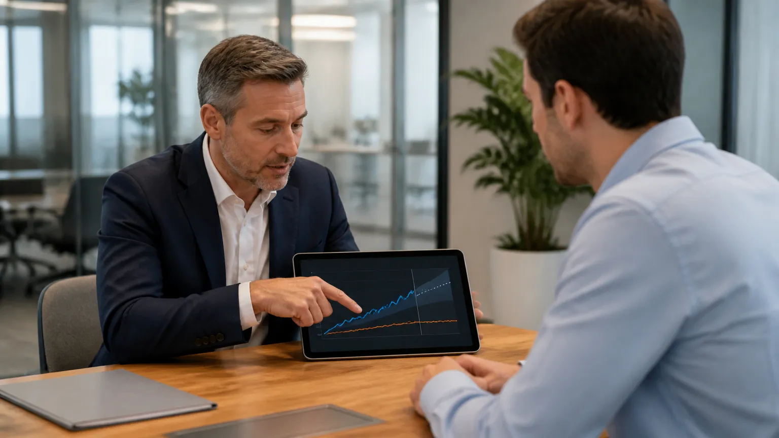 Consultor profissional explicando na prática como comparar opções financeiras de forma segura.