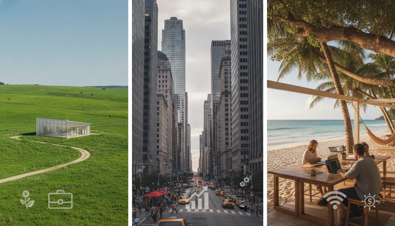 Comparativo visual de Delaware, Wyoming e Flórida, mostrando opções para o Melhor Estado para Abrir Empresa.