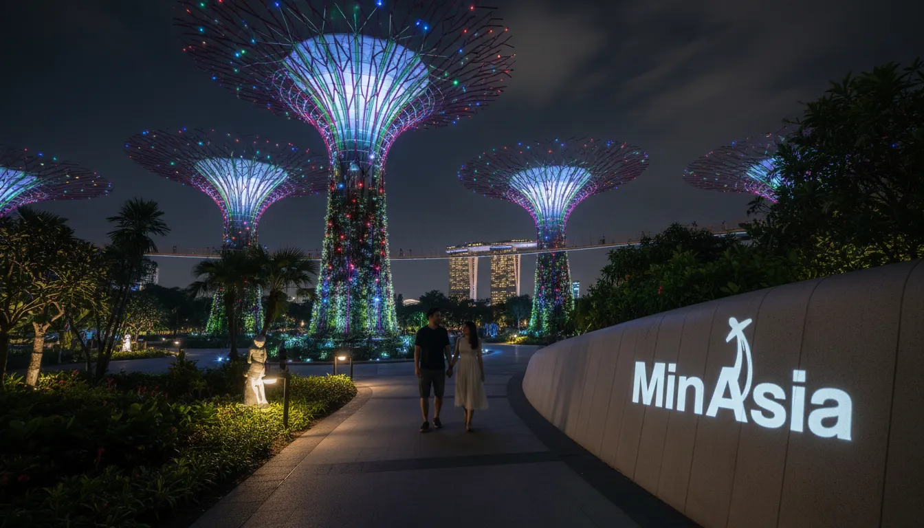 Casal caminhando nos Jardins da Baía em Singapura, com as Superárvores iluminadas criando uma atmosfera mágica.