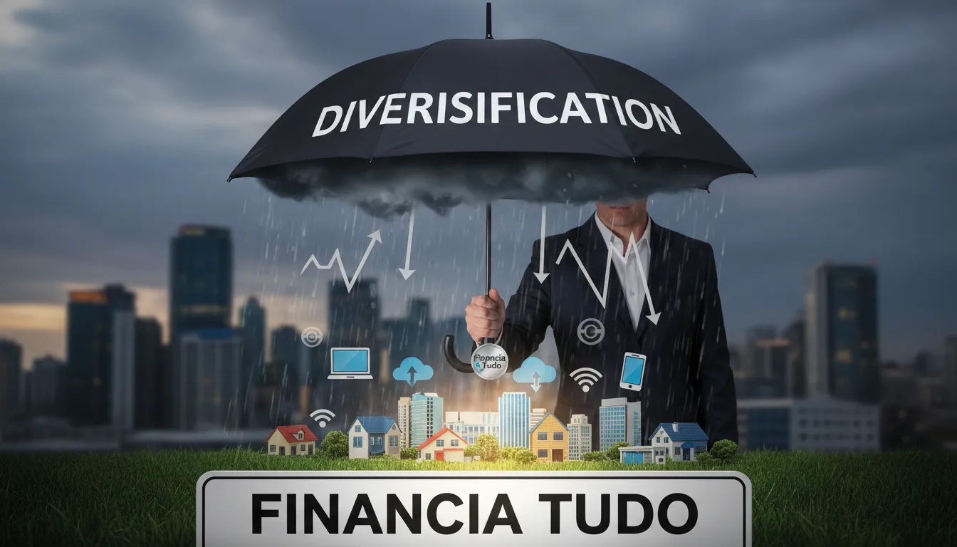 Uma pessoa segurando um guarda-chuva com o logo da Financia Tudo, protegendo diversos ativos da volatilidade do mercado, ilustrando a importância da diversificação de investimentos.