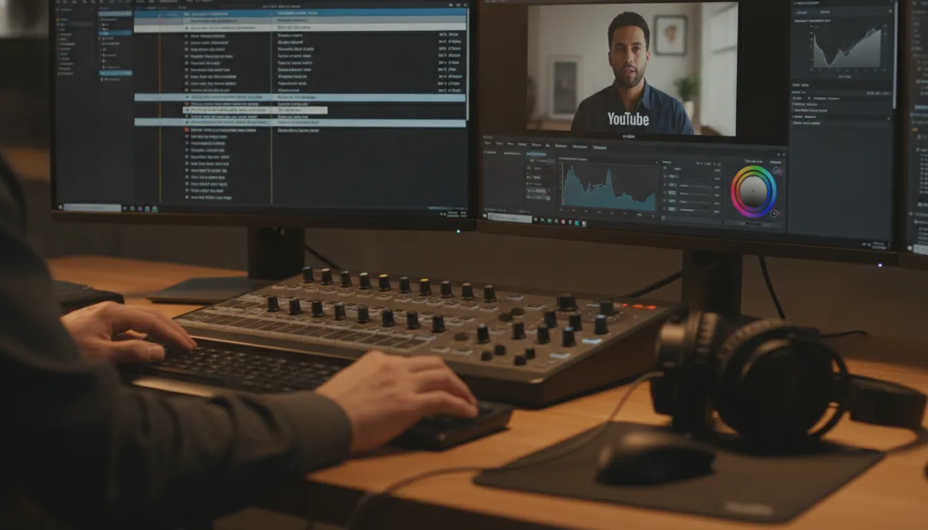 Editor de vídeo de produtora de vídeos para YouTube trabalhando em pós-produção, com software de edição profissional.
