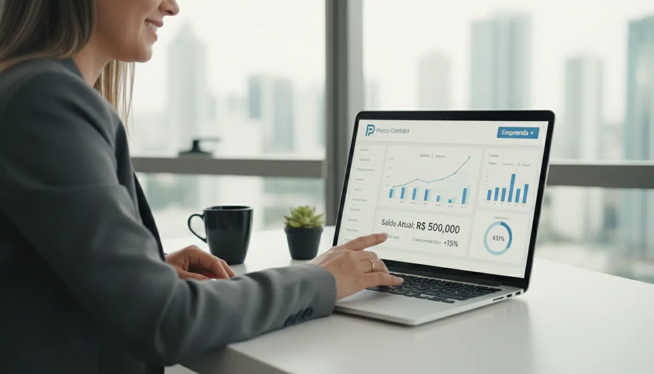 Empreendedorismo facilitado: empresário usando dashboard digital com métricas financeiras claras, impulsionado pela Prezzo Contábil.