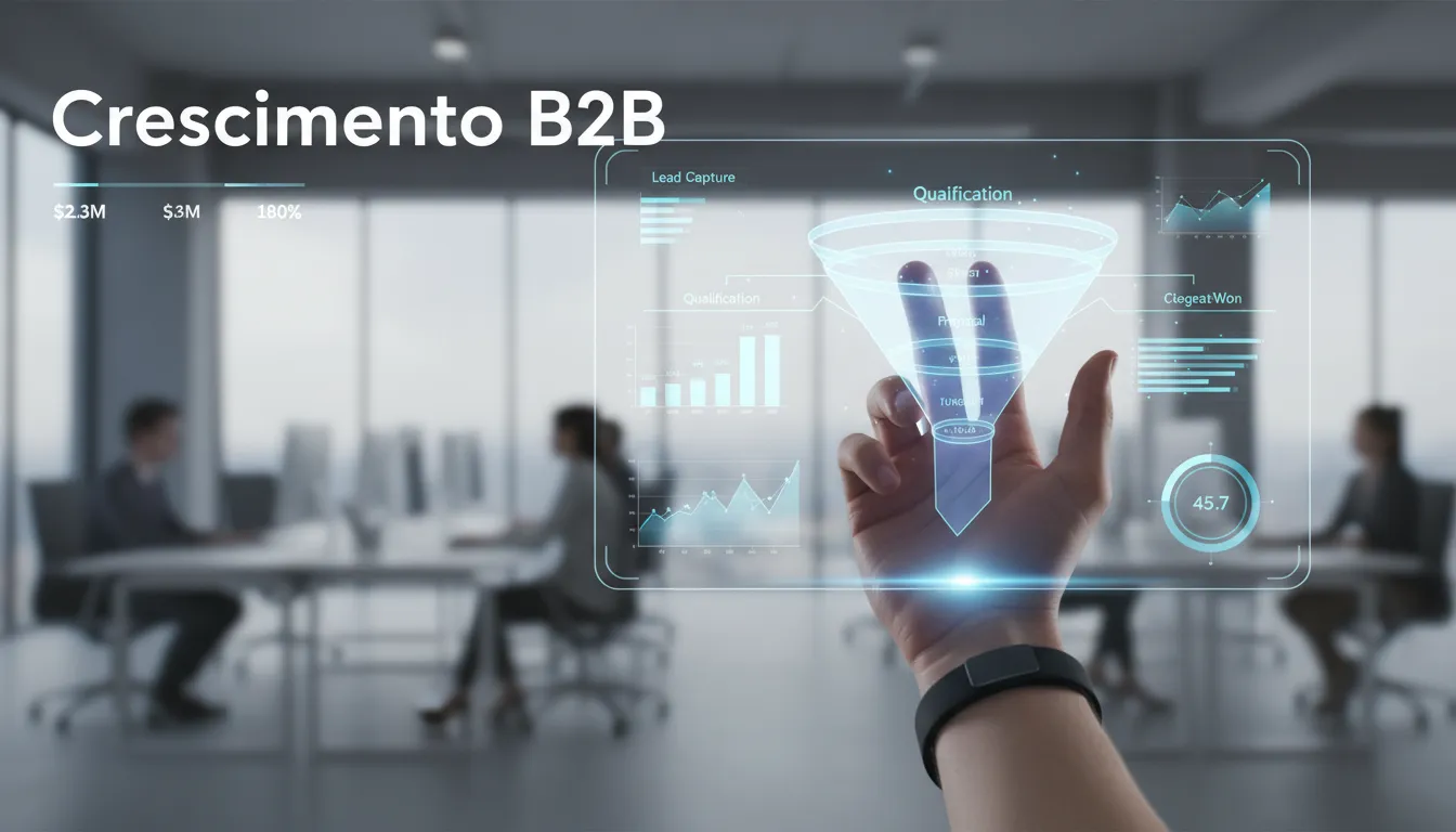 Mão interagindo com interface holográfica, exibindo funil de vendas detalhado, ilustrando como a tecnologia alavanca o crescimento criativo no ambiente B2B.