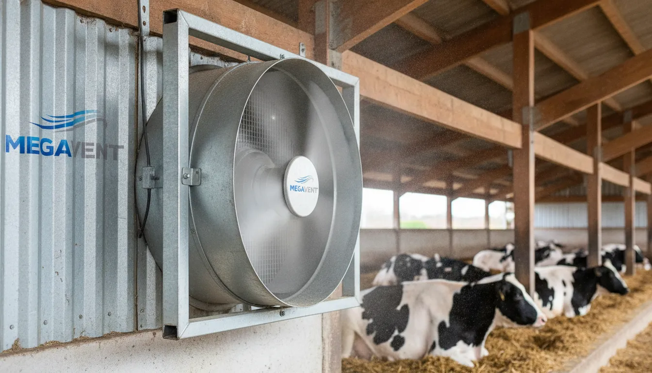 Detalhe de um ventilador para estábulo MegaVent em funcionamento, garantindo bem-estar animal.