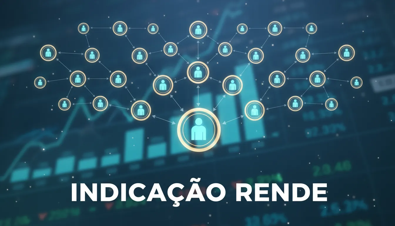 Representação visual de uma reação em cadeia do marketing de indicação, simbolizada por círculos interconectados, em um contexto de dados financeiros e crescimento.