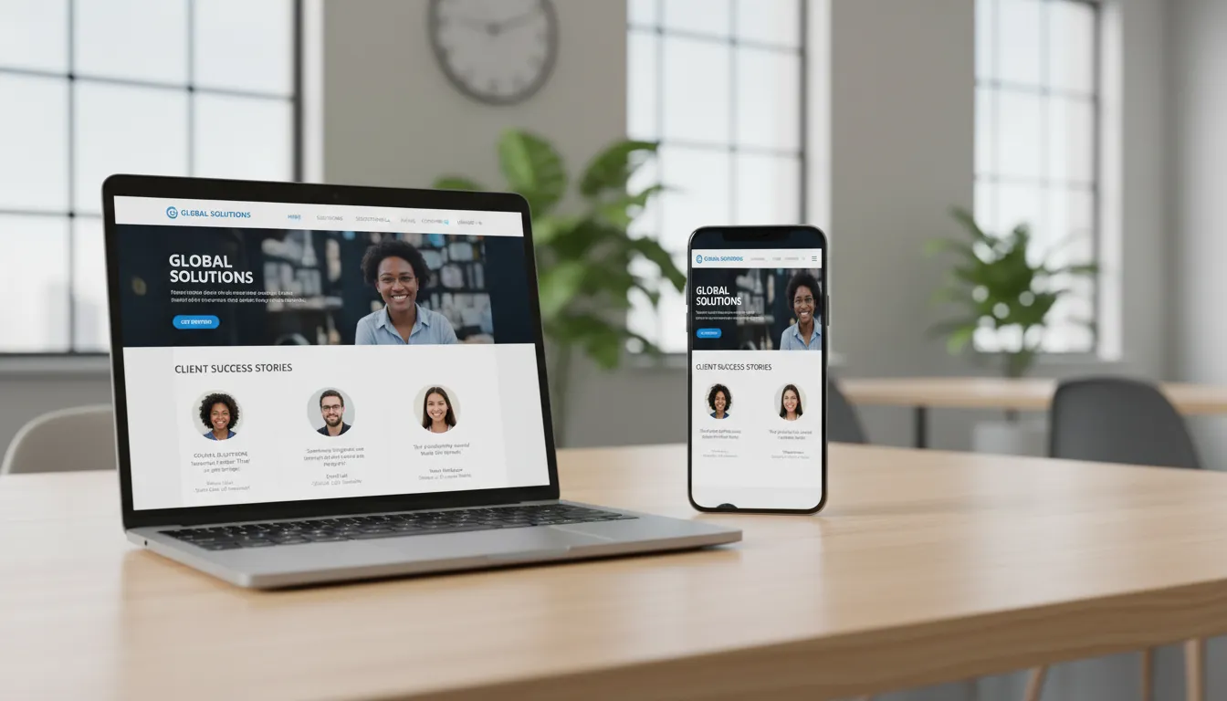 Site Lindo Mas Que Não Vende? Aqui Está o Problema 1 Site responsivo exibido em smartphone e laptop, destacando prova social e navegação clara