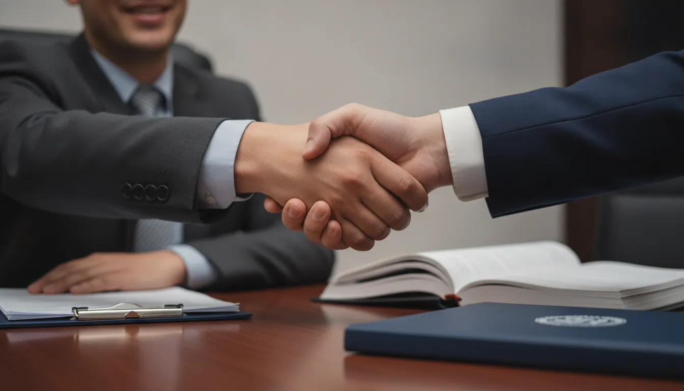Advogado em Salto e cliente apertam mãos após discutir estratégia contra plano de saúde. Confiança mútua.