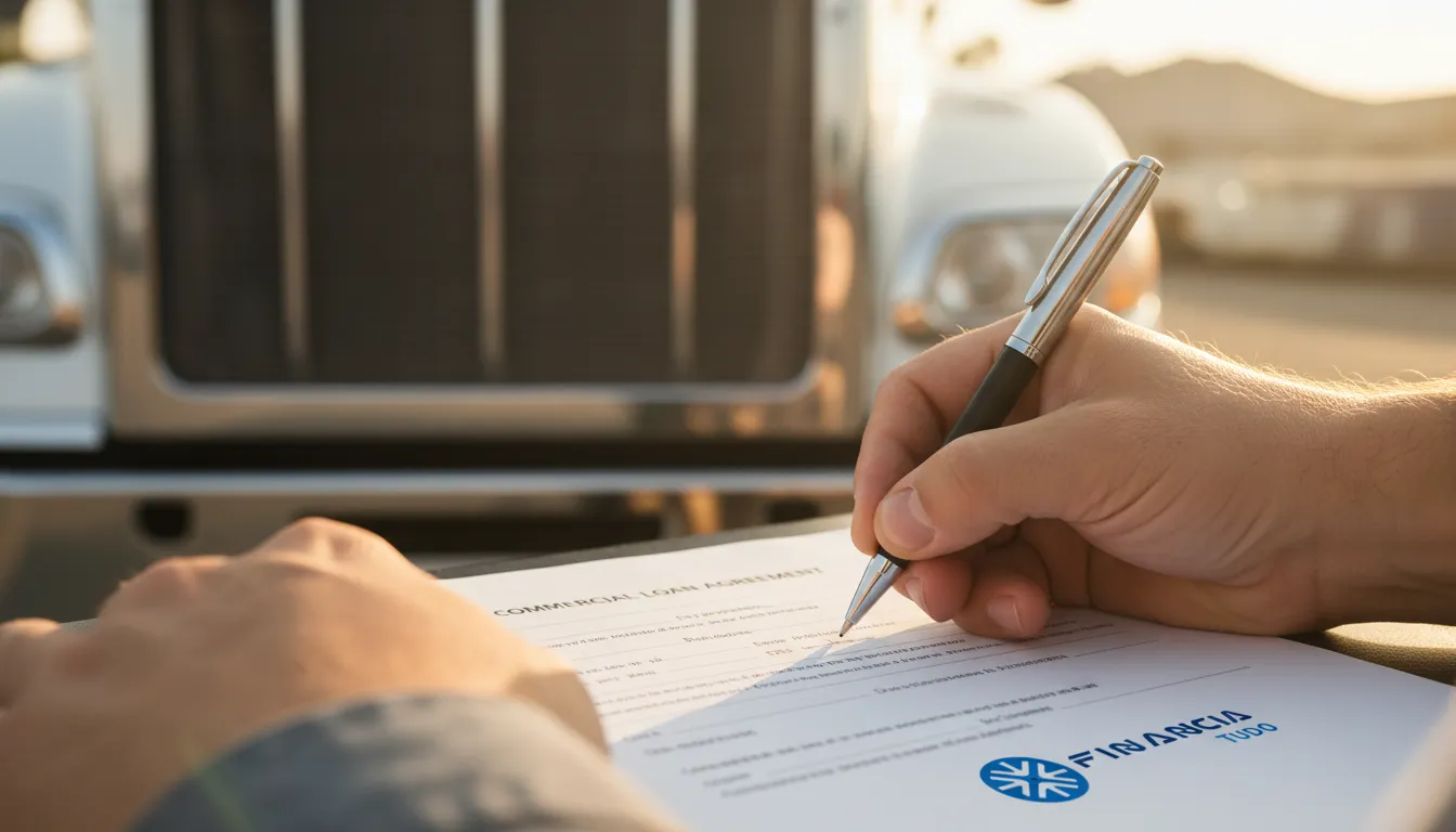 Mãos assinando contrato de crédito com caminhão financiado como garantia, Financia Tudo oferecendo segurança.