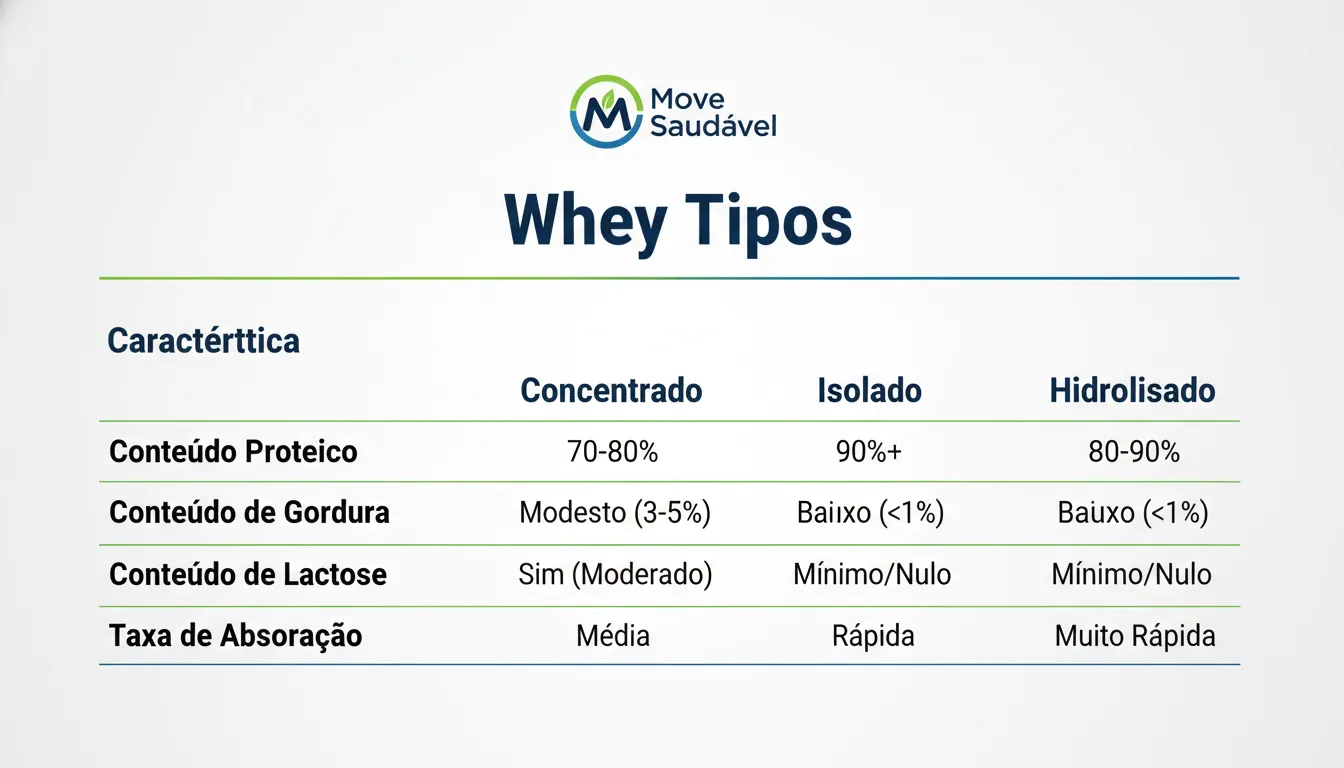 Gráfico comparativo das diferenças entre whey protein concentrado, isolado e hidrolisado, com o logo Move Saudável. Explica as características de cada tipo de whey protein.