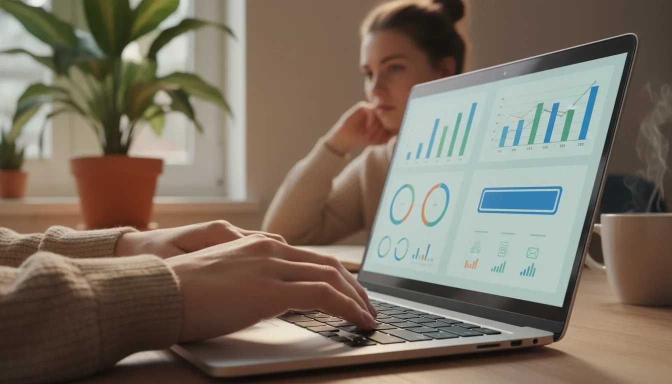 Mãos digitando em laptop com dashboard financeiro, analisando dados para aumentar afiliado crédito conversão.