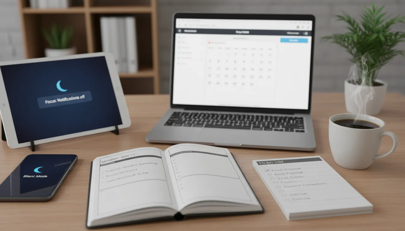 Mesa de trabalho organizada com itens que simbolizam foco e planejamento no dia a dia.