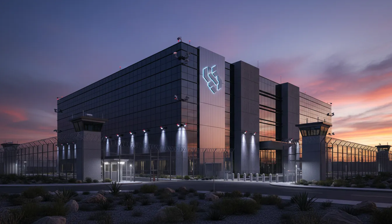 Sala de servidores em um colocation data center moderno, com infraestrutura de alta segurança e organização.